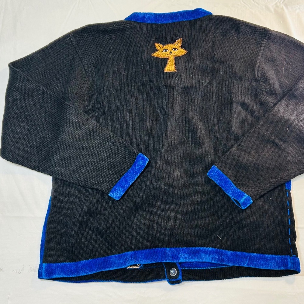 Lisa International Vintage Cat Patchwork Cardigan Blue Black Knit Sweater Large - Picture 4 of 5